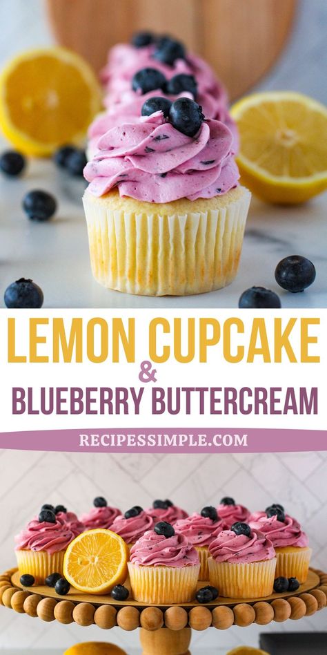 Easy cupcake recipe! These light and fluffy Lemon Cupcakes with Blueberry Buttercream have the perfect mix of tart and sweet flavors and are easy to make. Blueberry Cupcakes Recipe, Easy Cupcake Recipe, Blueberry Buttercream, Blueberry Frosting, Lemon Blueberry Cupcakes, Lemon Cupcake Recipe, Cupcakes Filled, Blueberry Cupcakes, Buttercream Cupcakes