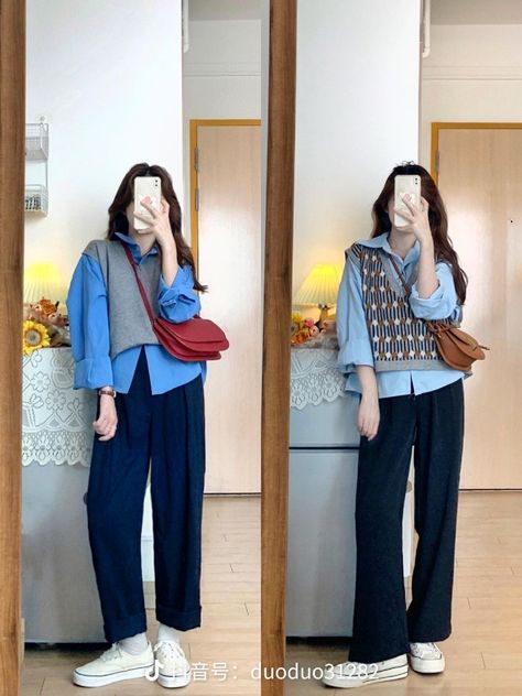 Blue Culottes Outfit, Hijab Office Look, Mori Outfit, Hijab Office, Working Girl Outfits, Office Ootd, Korean Ootd, Culottes Outfit, Color Blocking Outfits