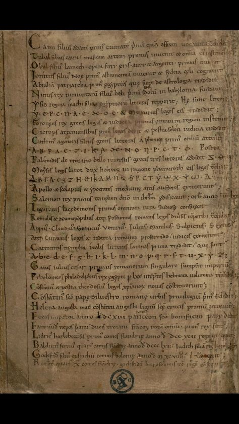 Multi-alphabet Carolingian script. The first page of the Liber Floridus (1121, Ghent University, digitized by Google, Public Domain). The Egyptian, Phoenician, Greek, and Latin alphabet are given, though at least the Greek and Latin are different from how we know them now. I'll discuss this in the comments. Latin Script, Ghent University, Latin Alphabet, Illuminated Manuscripts, Illuminated Manuscript, First Page, Public Domain, Alphabet, University