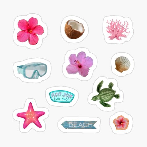 Get my art printed on awesome products. Support me at Redbubble #RBandME: https://www.redbubble.com/i/sticker/Beach-summer-coconut-girl-sticker-pack-set-by-ElixerStudios/160587832.EJUG5?asc=u Cute Ideas For Stickers, Beachy Stickers Printable, Preppy Summer Stickers, Cute Beach Stickers, Things To Put Stickers On Ideas, Beach Aesthetic Stickers, Summer Scrapbook Stickers, Summer Sticker Ideas, Cute Stickers Pack