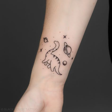 Small Dinosaur Tattoo, Cover Tattoos, Dinosaur Tattoo, House Tattoo, Minimalistic Tattoo, Tattoo On Forearm, Dinosaur Tattoos, Small Forearm Tattoos, Planet Tattoos