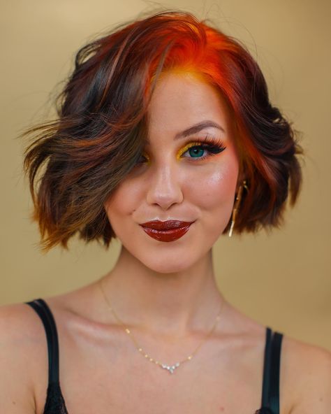 Coloured Bob Hair, Short Hairstyle Women With Color, Rainbow Curtain Bangs, Short Hair Vivid Color, Vivid Short Hair, Hair Color Inspiration For Short Hair, Short Coloured Hair, Short Hair Colour Ideas, Trendy Hair Dye