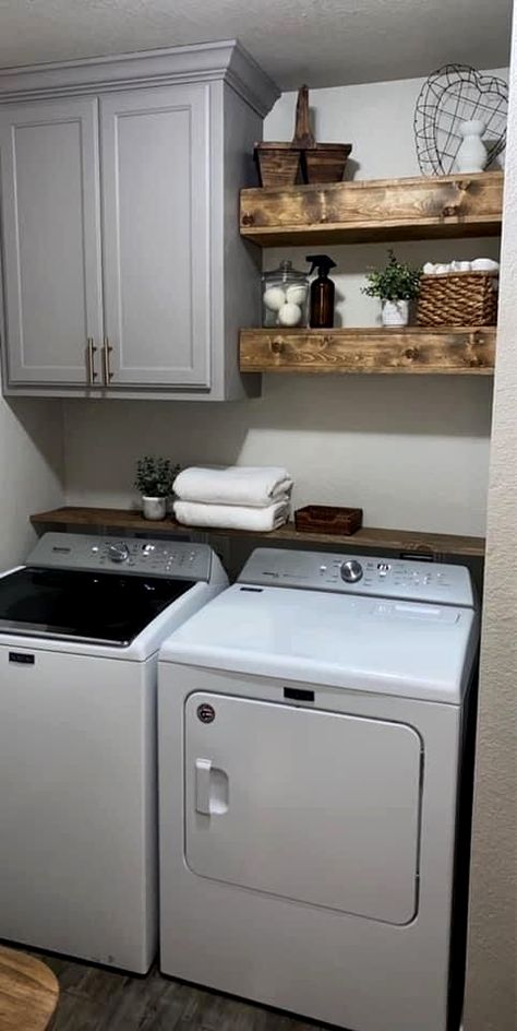 #diy #organization #storage Landuary Room Ideas Diy, Laundry Room Ideas One Cabinet, Laundry Room Cabinets Above Washer Dryer, Small Laundry Room Makeover Before And After, Laundry Room Cabinet With Shelves, Counter Over Laundry Machines, Small Dark Laundry Room Ideas, Small Entryway Laundry Room Ideas, Laundry Room Cabinet And Shelves