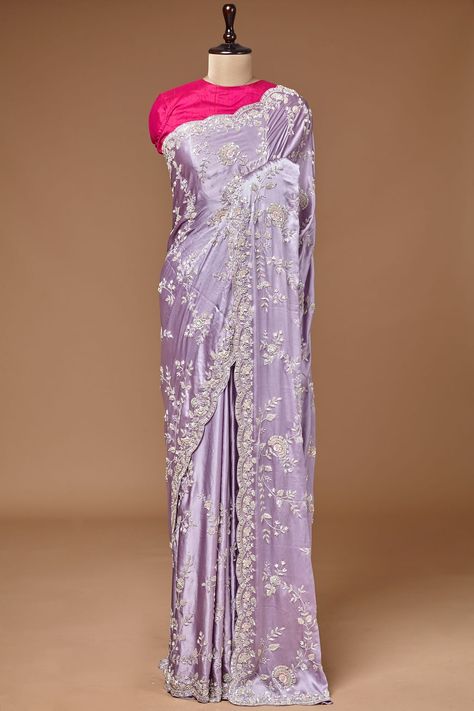 Buy Lavender Purple Sequins Embroidered Satin Saree Online | Samyakk Bali Outfits, Lavender Saree, Kerala Saree Blouse, Fancy Clothing, Beautiful Party Dresses, Wedding Outfits For Women, Bridal Sarees South Indian, Royalty Aesthetic, Traditional Indian Dress