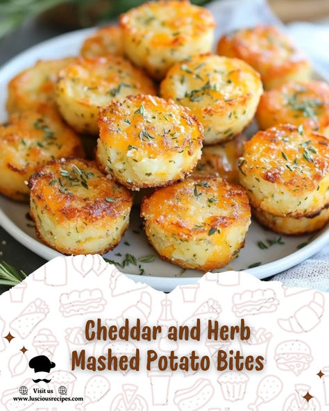 Crispy on the outside, cheesy and creamy on the inside, these Cheddar and Herb Mashed Potato Bites are the ultimate snack or side dish for any occasion! Mash Potato Cups, Mashed Potatoes Bites, Cheesy Potato Bites Recipe, Mashed Potato Appetizer, Baked Mashed Potato Bites, Cheesy Potato Bites, Gluten Free Vegetarian Appetizers, Potato Cheese Bites, Cheesy Potato Balls