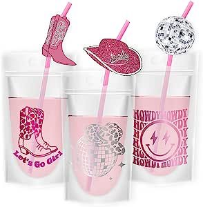 Disco Ball Decorations, Austin Bachelorette Party, Drink Bag, Bachelorette Drink, Straw Decorations, Kids Juice, Cowgirl Bachelorette Parties, Colorful Drinks, Cowgirl Bachelorette