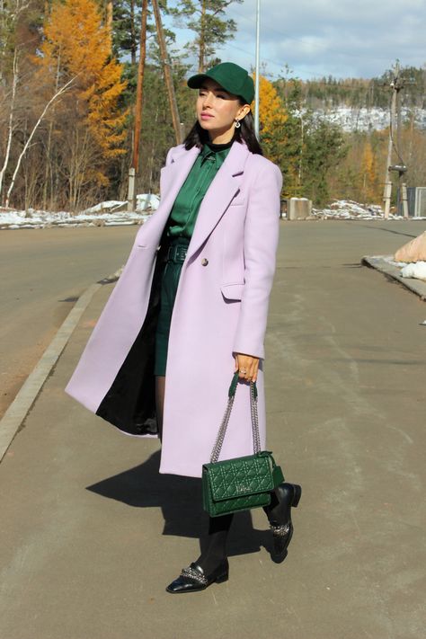 Lilac Loafers Outfit, Lilac Coat Outfit Winter, Lavender Coat Outfit, Lilac And Green Outfit, Lilac Coat Outfit, Purple Coat Outfit, Lilac Outfits, Lilac Hat, Lilac Coat