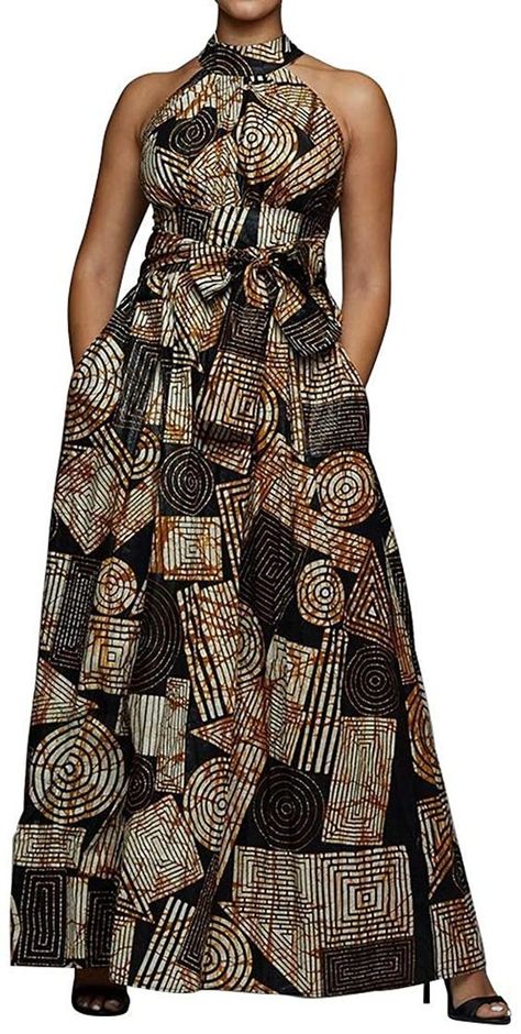 VERWIN Floor Length Lace-Up High Waist Stand Collar Sleeveless Women's Maxi Dress Print Dress Brown at Amazon Women’s Clothing store Kitenge Dress Designs Unique, Long African Dresses, Lace Gown Styles, African Wear Dresses, African Maxi Dresses, African Print Dresses, Club Bar, Kitenge, African Print Fashion Dresses