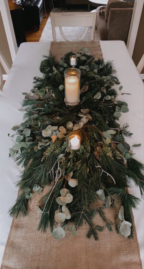 Pine Tree Table Decor, Winter Evergreen Centerpieces, Pine And Navy Wedding, Evergreen Table Runner, Winter Wedding Centerpieces Rectangle Table, Winter Wedding Centerpieces Long Table, Boho December Wedding, Evergreen Party Decor, Winter Greens Centerpiece