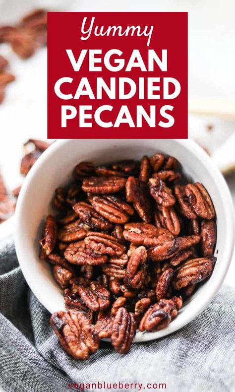 Add some crunch to your Christmas desserts with these yummy vegan candied pecans made with coconut oil, maple syrup and brown sugar! This candied nuts recipe is the perfect garnish for your favorite Christmas dessert ideas, for salad and to fill in the gaps of your Christmas charcuterie board. This is one of the best Christmas recipes because it's so versitile. Add these glazed pecans made in the oven to your list of easy vegan dessert ideas! Vegan Candied Pecans, Cinnamon Roasted Pecans, Candied Pecans Easy, Easy Holiday Snacks, Candied Nuts Recipe, Pecan Recipe, Vegan Dessert Ideas, Candied Pecan, Thanksgiving Charcuterie