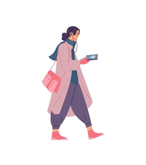 Woman walking listening to podcast show in her smartphone. Flat vector illustration. Isolated on white. Woman Walking Illustration, Listening To Podcast, Listen To Podcast, Woman Walking, Flat Vector Illustration, Flat Vector, 2024 Vision, White White, Sticker Art