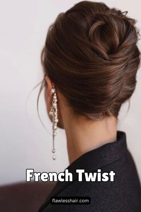 French Twist Old Money Hairstyles Wedding, French Twist Updo Brown Hair, Bridal Hair Elegant Classy, Classic Chignon Updo, French Twist Brunette, Brunette French Twist, Loose French Twist Wedding, Formal High Bun Updo, Sleek French Twist