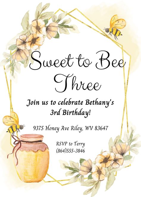 So Sweet To Bee Three Birthday, Sweet To Bee Three, Birthday Morning, 3rd Birthday Party, Third Birthday Party, Bee Birthday, Birthday Party Invitation Templates, Third Birthday, 3rd Birthday Parties