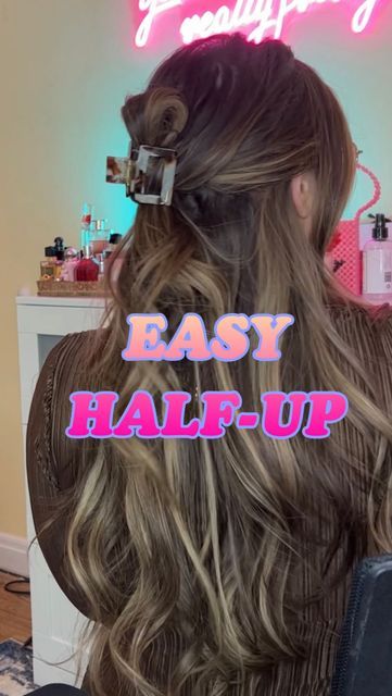 Half Up Messy Bun With Claw Clip, Long Hair Half Up Claw Clip, Cute Hair Styles With Clip In Extensions, Half Up Small Claw Clip, Wearing Hair In Claw Clip, How To Use Mini Claw Clips, Half Up Do With Claw Clip, Easy Half Up Claw Clip Hairstyles, Half Up Hairstyles With Clip