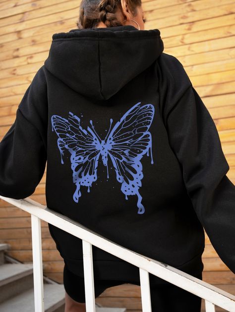 Butterfly On Hoodie, Cool Sweatshirts For Women, Customize Hoodie Ideas, Designs To Print On Hoodies, Butterfly Hoodie Design, Black Hoodie With Design, Butterfly Clothes Design, Printed Hoodies Ideas, Hoodie Print Design Ideas