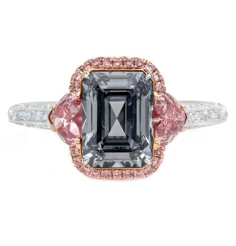 Martin Katz Fancy dark grey emerald-cut diamond set in platinum and rose gold with pink and white diamonds. Grey Diamond Engagement Ring, Swirl Diamond Ring, Pink Diamond Jewelry, Pink Diamonds Engagement, Green Diamond Rings, Fancy Diamond Ring, Pink Diamond Engagement Ring, Grey Diamond Ring, Pink Diamond Ring