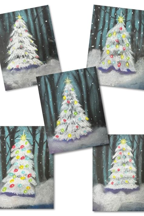 These lovely chalk pastel Chrsitmas trees were created by kids ages 9-11. The woods in the background and snow falling add to these beautiful trees. Follow for more art ideas for kids. Winter Art Project | Christmas Art Projects 2nd Grade Christmas Crafts, Kids Christmas Painting, Christmas Elementary, Pastel Christmas Tree, Holiday Art Projects, Winter Art Lesson, Chalk Pastel Art, Surrounded By Love, Christmas Art Projects