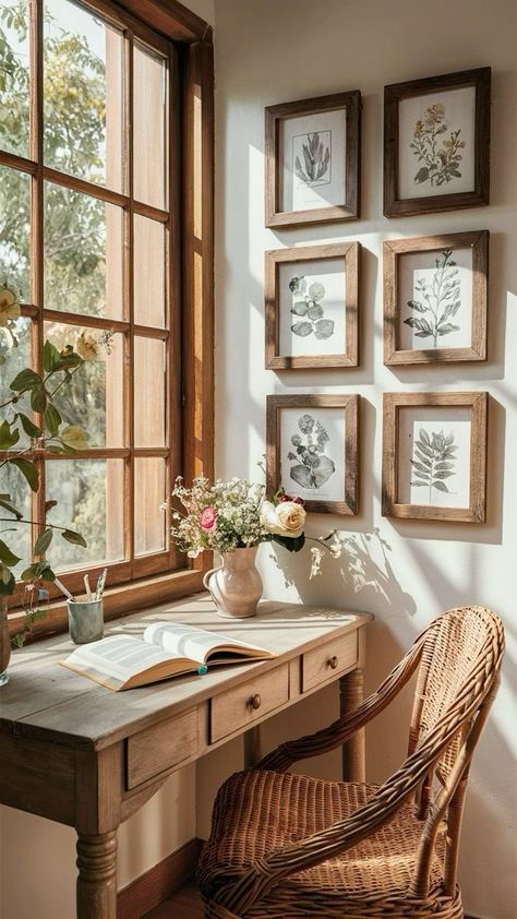 Naturalist Decor Interior Design, Wooden Desk Aesthetic, Vintage Desk Setup, Vintage Office Aesthetic, Desk With Flowers, Cozy Vintage Apartment, Quaint Farmhouse, Cottagecore Interior, Vintage Desk Chair