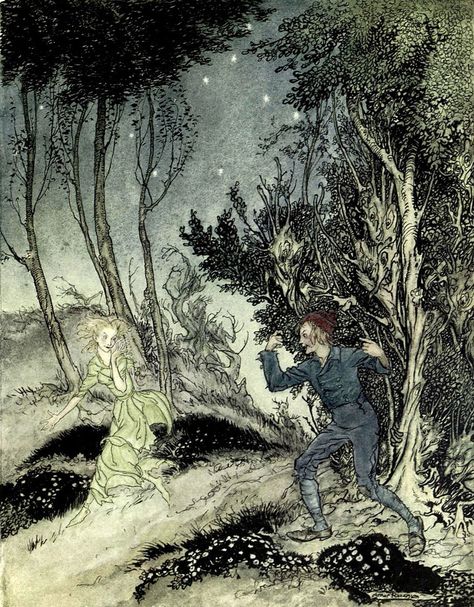 Arthur Rackham - Illustrations for Peer Gynt (1936) (7 of 13) Peer follows the woman in green Green Canvas Art, Peer Gynt, John Howe, Arthur Rackham, Classic Fairy Tales, Fairy Book, Encaustic Painting, Green Art, Aboriginal Art