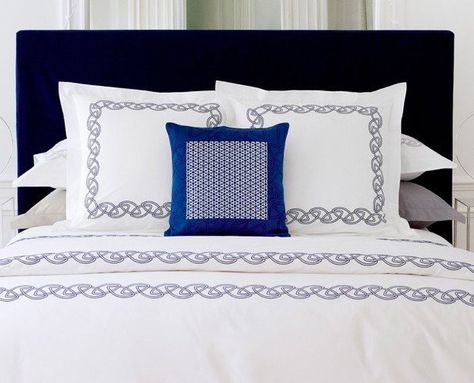 Alliance Marine Bedding by Yves Delorme #westport #figlinenswestport #figlinensandhomewestport #freeshipping #comfort #interiors #06880 #lifestyle #figlinens #homedecor Classical Theme, Yves Delorme Bedding, Embroidered Bedding, Yves Delorme, Pipe Decor, Luxury Bed, Ruffle Bedding, Percale Sheets, Bed Linens