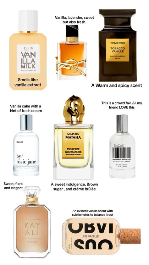 Vanilla perfume ✨ Best Perfume Vanilla, Perfumes Recommendations, Vanilla Girl Perfume, Top Vanilla Perfumes, Warm Vanilla Perfume, Famous Perfumes, Vanilla Cologne, It Girl Perfume, Coconut And Vanilla