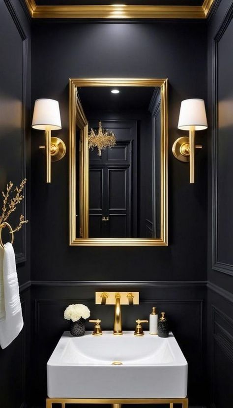 half bathroom gold and black bathroom half tiles half paint black half tiled bathroom black black marble half bathroom black half bathroom wallpaper half bathroom ideas black and white tile half bathroom black ceiling dark green and black half bathroom half bathroom ideas with black floors small black and gold half bathroom half painted wall bathroom black half tiled bathroom walls black Black And Gold Downstairs Toilet, Small Black Powder Room Ideas, Small Glam Bathroom Ideas, Cloakroom Bathroom Ideas, Moody Grey Bathroom, Dark Bathroom Paint Ideas, Dark Moody Small Bathroom, Dark Downstairs Toilet, Dark Wc