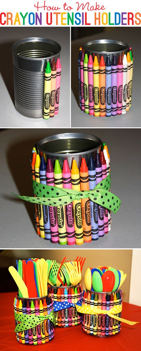 Teachers, parents, and kids alike enjoy the vivid colors of crayons. Be a resourceful decorator by shopping for $1 packs of crayons at Dollar Tree to pair with recycled tin cans! Making Crayons, Utensil Holders, Elmo Birthday Party, Elmo Party, Back To School Party, Art Birthday Party, Elmo Birthday, Sesame Street Birthday, Tin Cans