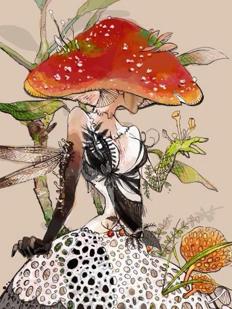 Fungi Character Design, Mushroom Hat Drawing, Mushroom Lady Tattoo, Mushroom Fae, Lady Mushroom, Mushroom Woman, Mushroom Lady, Mushroom Character, Art Mushroom