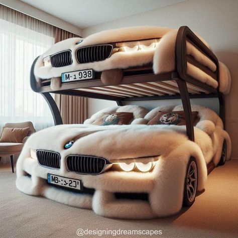 BMW-Shaped Bunk Bed with Feathers: Ultimate Comfort for Car Enthusiasts Bed Unique Design, Car Beds For Adults, Children Bed Design, Cars Room Decor, Fun Kids Room Ideas, Cars Bed, Weird Beds, Car Room Decor, Cool Bed