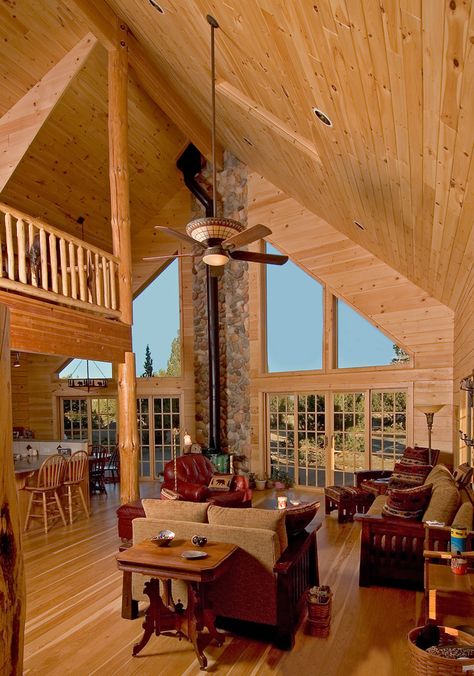 Tongue & Groove Pine or Cedar for Cathedral ceilings #table #glass #cathedralceiling Log Cabin Vaulted Ceiling, Cathedral Ceiling Cabin, Pine Cathedral Ceiling, Pine Ceiling Vaulted, Ceiling Photos, Hillside Cabin, Knotty Pine Rooms, Metal Barndominium, Ceiling Beams Living Room