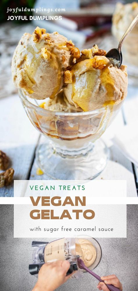 Vegan Gelato With Date Caramel Vegan Gelato Recipe, Italian Gelato Recipe, Creme Brulee Ice Cream, Vegan Frozen Dessert, Salted Caramel Gelato, Dumplings Recipes, Vegan Gelato, Sugar Free Caramel, Vegan Nice Cream