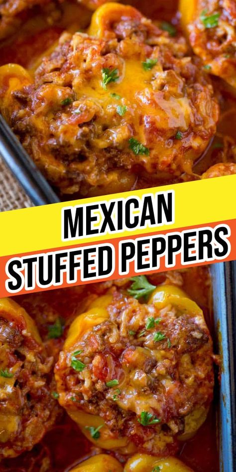 Mexican Stuffed Peppers are an easy dinner made with ground beef, rice, salsa, and cheese. Perfect for meal prepping. Try these today! Mexican Bell Peppers, Stuffed Peppers With Spanish Rice, Minute Rice Stuffed Peppers, Spanish Rice Stuffed Bell Peppers, Recipes For Stuffed Bell Peppers, Mexican Stuffed Peppers Recipe, Recipe For Stuffed Peppers Ground Beef, No Rice Stuffed Peppers, Spanish Stuffed Peppers