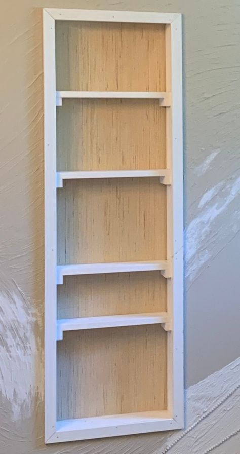 Between-Studs Storage WITHOUT Complicated Woodworking – SunnyMommy Creations Diy Built In Shelves Between Studs, Shelving Between Studs, Between Studs Shelves, In Wall Storage Between Studs, Between Stud Storage, Shelves Between Studs, Diy Dvd Shelves, Hall Closets, Stud Storage