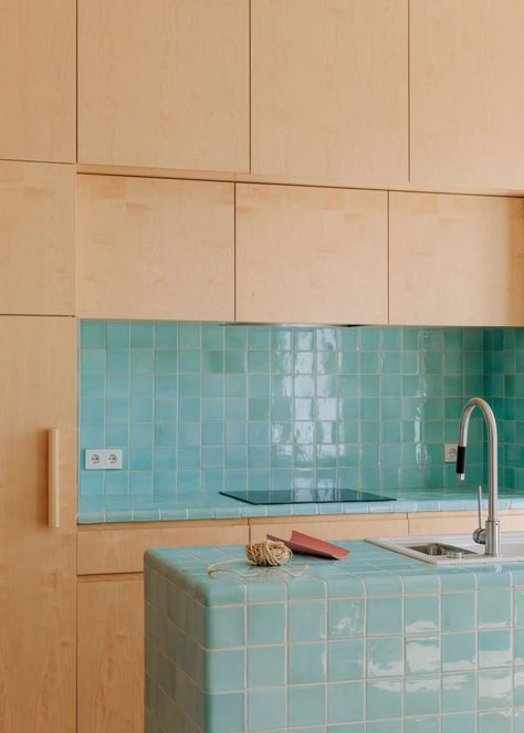 BUREAU (Daniel Zamarbide, Carine Pimenta, Galliane Zamarbide), Francisco Nogueira · MARIA · Divisare Turquoise Countertops, Colourful Tiles Kitchen, Kitchen With Colourful Tiles, Tiled Kitchen Countertops, Tiled Cafe Counter, Turquoise Kitchen Tiles, Red Tile Countertops Kitchen, Tile Kitchen Countertops, Shower Floor Tile Ideas