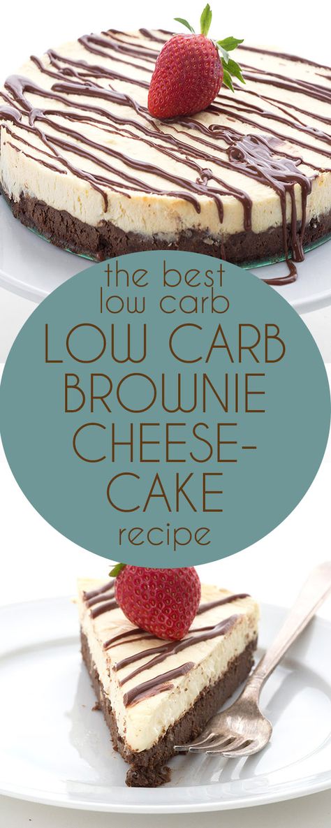 This is simply the BEST low carb cheesecake recipe. Grain-free brownie crust and creamy sugar-free vanilla cheesecake. LCHF Keto Banting THM recipe.  via @dreamaboutfood Brownie Crust, Grain Free Brownies, Dolce Poche Calorie, Low Carb Cheesecake Recipe, Banana Split Dessert, Cheesecake Brownie, Brownie Cheesecake, Low Carb Brownies, Desserts Keto