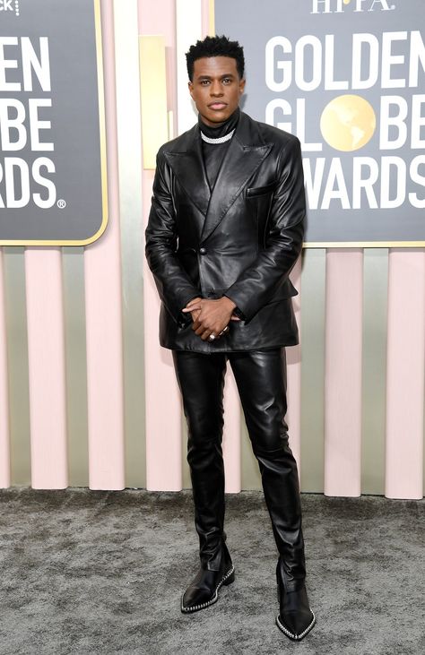 Jeremy Pope, Golden Globes 2023, Black To Black, Gucci Suit, Peg Trousers, Starry Eyes, Golden Globes Red Carpet, Leather Suit, Donald Glover