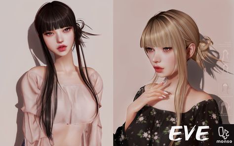 [monso] Eve Hair Sims 4 Cc Bun With Bangs, Sims4 Bangs Cc, Sims 4 Hair With Bangs Cc, Sims 4 Cc Bun, Sims 4 Bangs Hair, Messy Bun With Bangs, Bun With Bangs, Low Messy Bun, Side Bangs Hairstyles