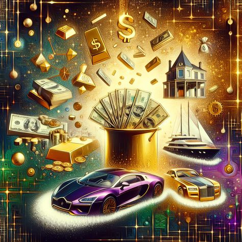 Discover the power of wealth manifestation in this semi-abstract AI-generated image. Witness symbols of luxury - gold bars, dollars, yachts, mansions, and cars - materialize from luminous light. Click the link to learn more. #WealthManifestation #Abundance #Luxury #Prosperity #ManifestationMagic #FinancialFreedom Money Attraction Symbols Wallpaper, Money Energy Wallpaper, Money Abundance Wallpaper, Images Of Money Wealth, Images Of Wealth And Abundance, Abundance Images, Money Background, I Love You Animation, Korean Photo