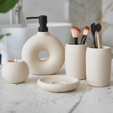 Terramoza Ceramic Bathroom Accessory Set, 5 Pcs - Includes Soap Dispenser, Toothbrush Cup, Toothbrush Holder, Soap Dish & Candle Holder - Beige, Matte Glaze - Aesthetic Bathroom Decor Modern Luxury Bathroom, Toothbrush And Toothpaste Holder, Toothpaste Holder, Ceramic Bathroom, Aesthetic Bathroom, Small Bathroom Storage, Glaze Ceramics, Bathroom Accessory Sets, Bathroom Design Luxury