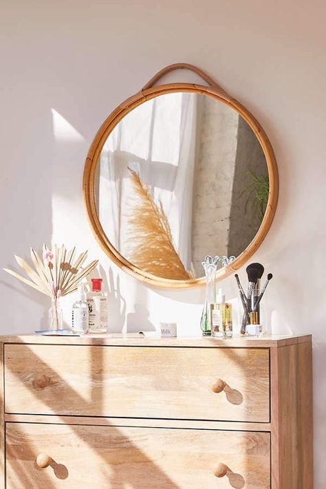 Corin Rattan Round Wall Mirror ay UO [affiliate] - A modern take on bohemian inspiration, this round wall mirror features a natural rattan frame with bound accents and top handle for easy hanging. #shopping #style #homedecor #rattan Mirrors Urban Outfitters, Mirrors Design, Wall Mirrors Entryway, Wall Mirror With Shelf, Entryway Mirror, Bohemian Inspiration, Rattan Mirror, Uncommon Goods, Full Length Mirror Wall