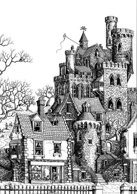 HECHO Big Castle, Architecture Castle, Gallery Architecture, Castle Coloring Page, Castle Drawing, House Colouring Pages, Building Drawing, Pen Art Drawings, White Drawing