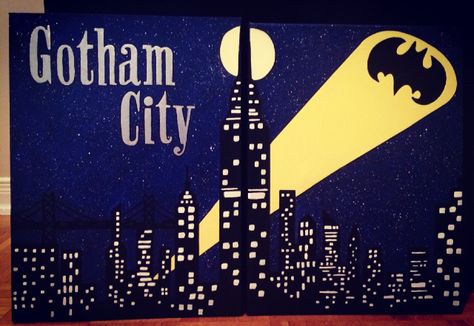 Gotham City Painting, Gotham City Decorations, City Canvas Painting, Gotham City Skyline, Batman City, Batman Gotham City, New York Bedroom, Batman Diy, City Party