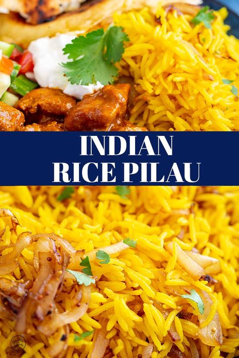 With this easy Indian rice you will never need to order yellow rice from the takeout again. Serve this with your favorite curry for a delicious side dish that takes very little effort. Fragrant fluffy basmati rice, packed with flavor and all cooked on the stovetop, this Indian pilaf (or Indian pilau) is so much better than takeout and so easy to make at home. Easy Pilau Rice Recipe, Easy Indian Rice, Indian Pilau Rice, Indian Pilau Rice Recipe, Pilau Rice Recipe Indian, Yellow Basmati Rice, Indian Rice Dishes, Easy Indian Meals, Indian Yellow Rice