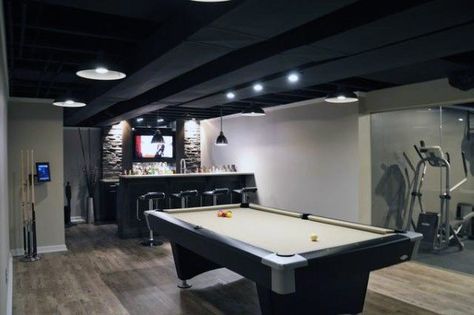 Top 60 Best Basement Ceiling Ideas - Downstairs Finishing Designs Black Basement Ceiling, Man Cave Ideas Cheap, Man Cave Basement Diy, Man Cave Designs, Basement Ceiling Painted, Basement Ceiling Options, Industrial Basement, Basement Man Cave, Garage Man Cave Ideas