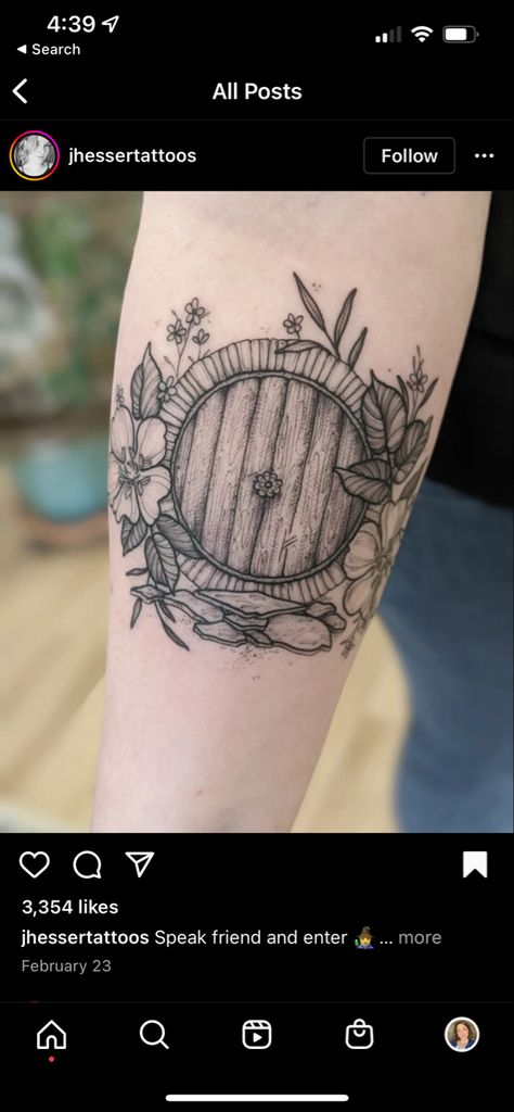 Lord Of The Rings Half Sleeve Tattoo, Shire Tattoos, Hobbit House Tattoo, The Shire Tattoo, Hobbit Door Tattoo, Hobbit Hole Tattoo, Hobbit Tattoo Ideas, The Hobbit Tattoo, Tattoo Whimsical