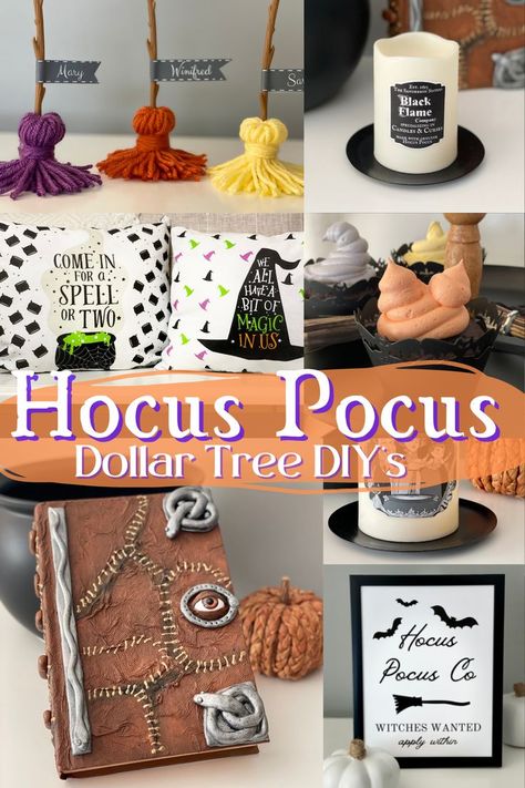 Dollar Tree Dice Crafts Diy Halloween, Hocus Pocus Spell Book Pages Printable Free, Diy Hocus Pocus Crafts, Diy Black Flame Candle Hocus Pocus, Dollar Tree Halloween Candles, Dollar Tree Halloween Diy Crafts 2023, Hocus Pocus Christmas Tree, Hocus Pocus Decor Ideas, Hocus Pocus Halloween Decorations Diy