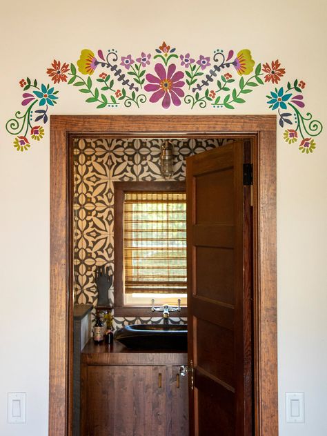 The Bungalow Wall Decal was inspired some incredible hand paintings we saw above doorways during our global travels! They’re so beautiful, we couldn’t wait to make something similar for our homes! This wall decal is bohemian and looks so cute over a doorway, window or mirror! The kit comes with 5 pieces that fit togeth Mexican Home Decor, Interior Design Per La Casa, Mexican Home, Natural Life, Spanish Style, Dream House Decor, Beautiful Interiors, Wall Paint, Decoration Design