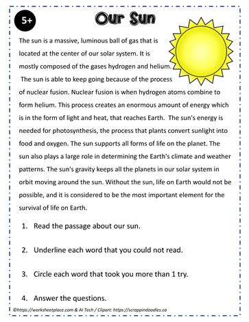 Reading Comprehension About the Sun Sun Worksheet, Free Reading Passages, 5th Grade Reading, Comprehension Questions, Teacher Tools, Free Activities, Reading Levels, Our Solar System, Photosynthesis