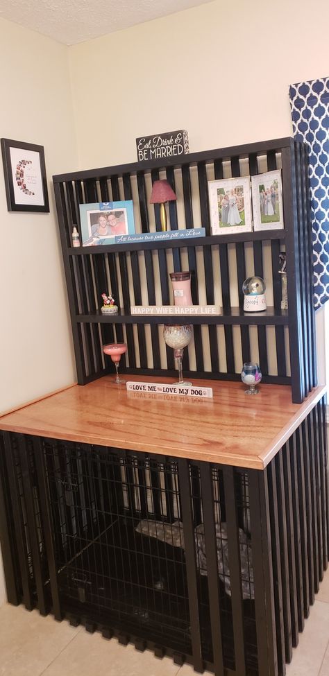 Dog Crate Disguise, Shelf Over Dog Crate, Dog Kennel Storage Ideas, Night Stand Dog Crate, Wire Dog Crate Makeover, Hidden Dog Crate Furniture, Dog Crate Under Desk, Dog Crate Bookshelf, Fancy Dog Crate