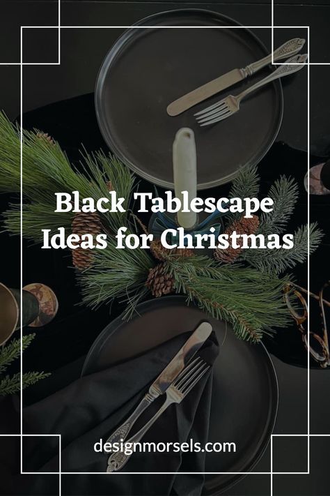 black tablescape ideas for christmas Christmas Table Black Tablecloth, Black Dinner Table Setting, Black Tablecloth Christmas Setting, Black Table Setting Ideas, Christmas Table Settings Black, Black Plates Table Setting, Black Thanksgiving Table, Black Christmas Table Setting, Black And Gold Christmas Table